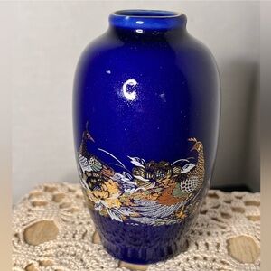 Vintage Japanese Kutani Small Porcelain Peacock and Roses Bud Vase